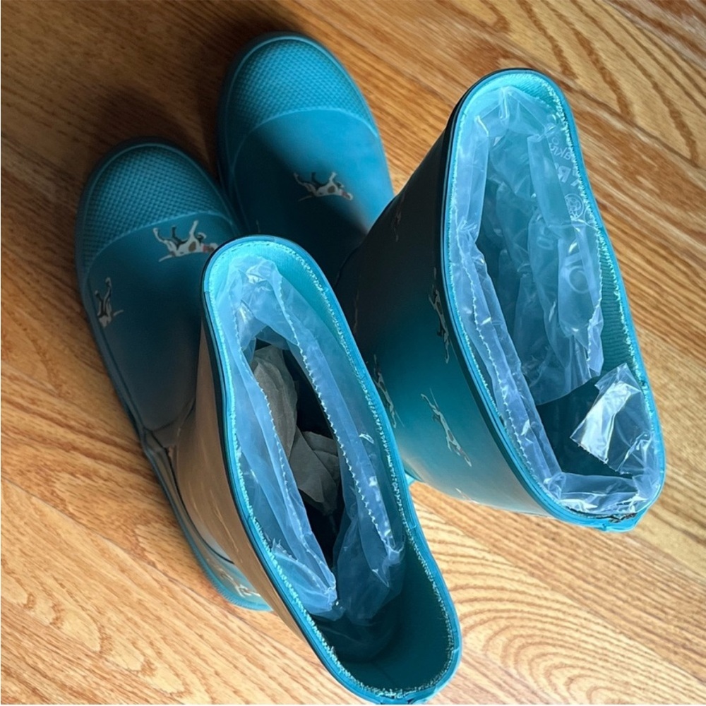 J Crew Hunting Pointer Dog Theme Rain Boots Size 10 Pull On Rubber Welleys - Picture 10 of 13
